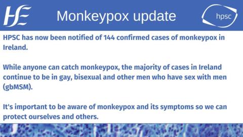 HPSC latest update on monkeypox in Ireland. 144 confirmed cases of monkeypox in Ireland. 31/08/2002